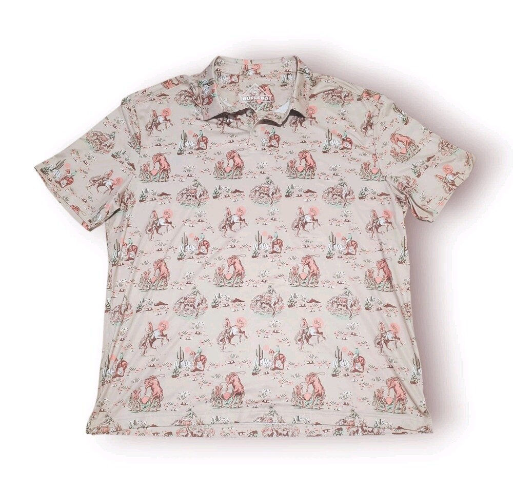 BURLEBO Polo Mens XL Beige Cowboy Western Print Performance Golf Stretch Shirt